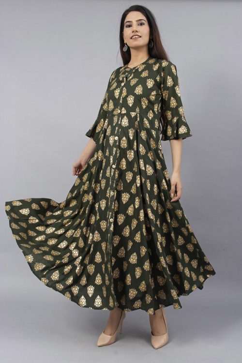 Gorgeous Party Wear Olive Green Kurti With Gold Print