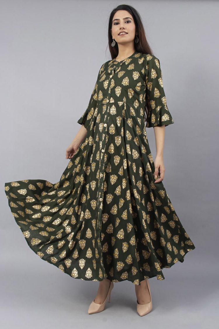 Gorgeous Party Wear Olive Green Kurti With Gold Print