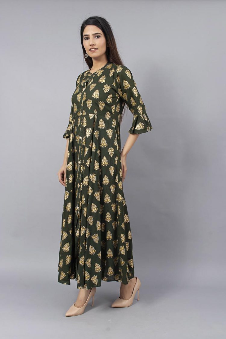 Gorgeous Party Wear Olive Green Kurti With Gold Print - Image 4