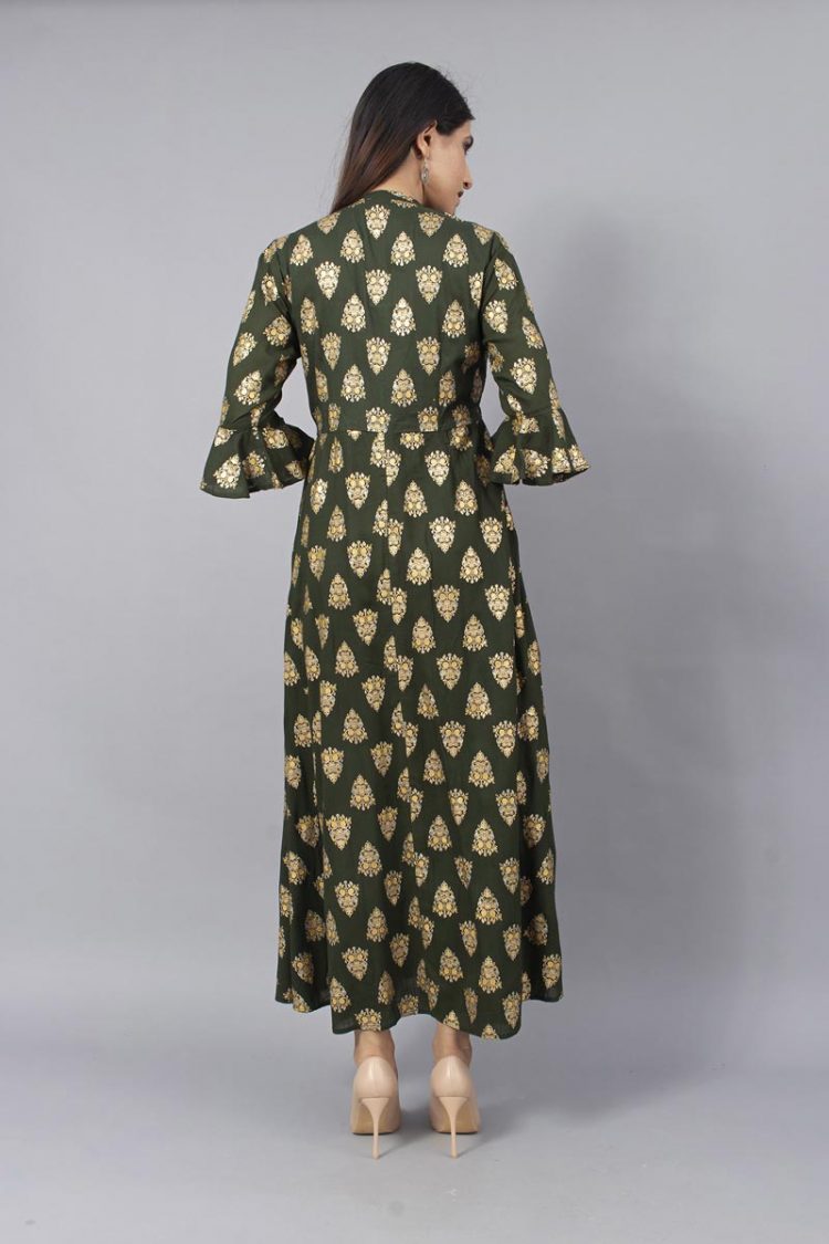 Gorgeous Party Wear Olive Green Kurti With Gold Print - Image 5