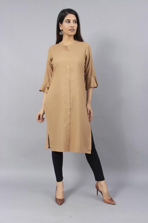 Sheer Solid Light Brown Kurti With Bell Sleeves