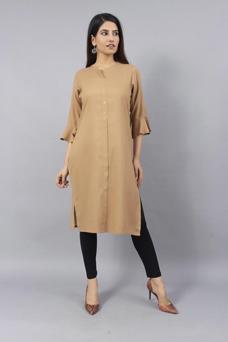 Sheer Solid Light Brown Kurti With Bell Sleeves