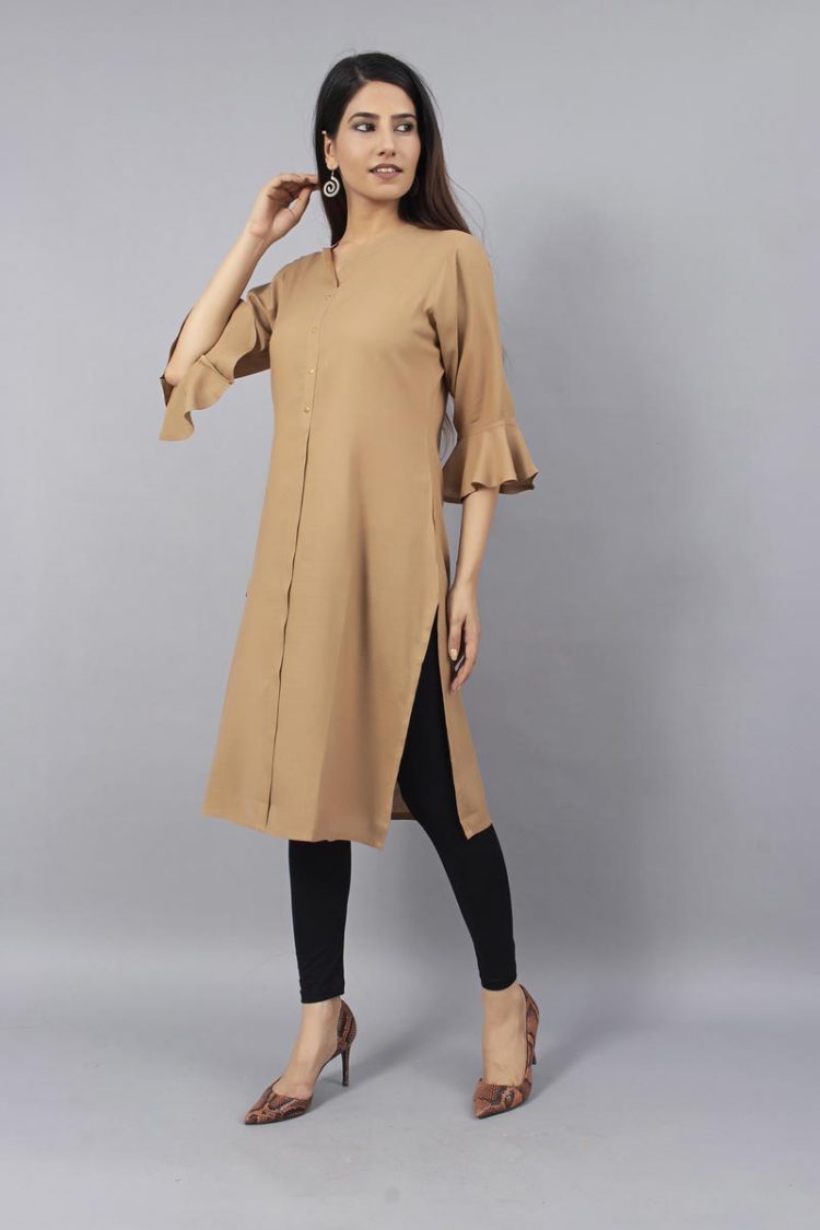Sheer Solid Light Brown Kurti With Bell Sleeves - Image 2