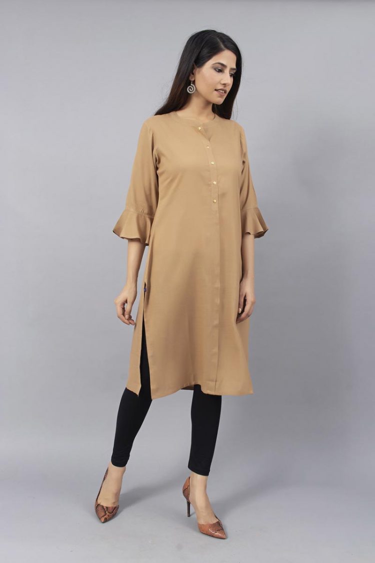 Sheer Solid Light Brown Kurti With Bell Sleeves - Image 3