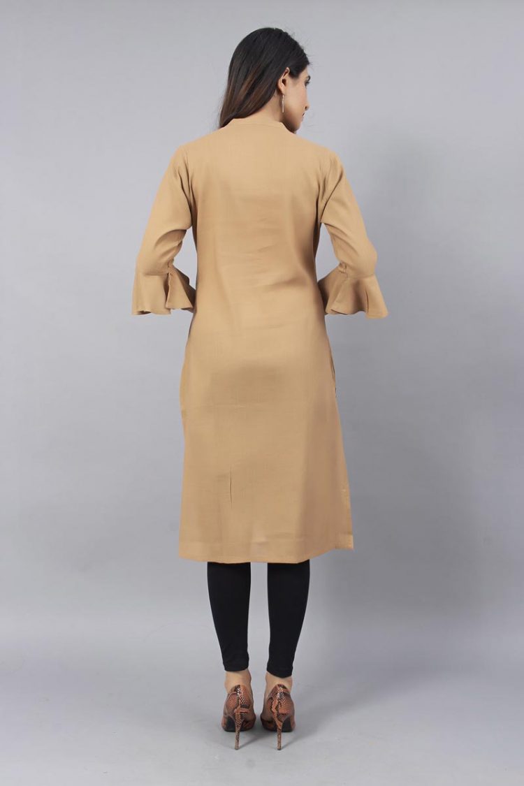 Sheer Solid Light Brown Kurti With Bell Sleeves - Image 4